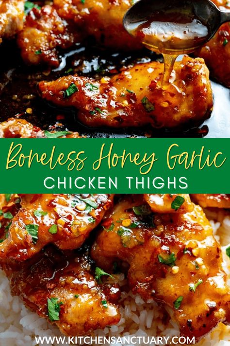 Sticky tender boneless chicken thighs in a garlic, soy and honey sauce. Minimal ingredients, simple to prepare and ready in 20 minutes! #honeygarlicchicken #honeychicken #chinesechicken #chickenthighs #garlicchicken Easy Honey Garlic Chicken, Garlic Chicken Thighs, Honey Chicken Recipe, Honey Garlic Chicken Thighs, Chicken Honey, Garlic Chicken Recipes, Boneless Chicken Thigh Recipes, Honey Sauce, Honey Garlic Chicken