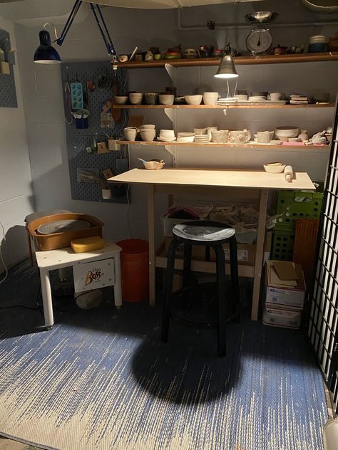 Pottery Studio Refresh — The Midwestern Jungle. Small Home Ceramic Studio, Pottery Room At Home, Pottery Corner At Home, Small Pottery Studio Ideas, Small Home Pottery Studio, Outdoor Pottery Studio, Garage Pottery Studio, Pottery Room Ideas Design Studios, Ceramic Studio Ideas