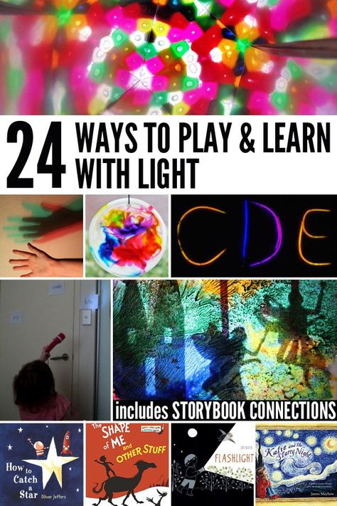 24 Ways to Play and Learn About Concepts Related to Light - night and day, sun, shadows, etc. Includes related story book suggestions Books About Shadows For Preschool, Light Unit Prek Activities, Light Preschool Theme, Prek Light Unit, Light And Shadows Preschool, Light Study Preschool, Light Unit Preschool, Light Preschool Activities, Science Light