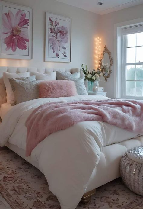 White And Pink Bedroom Ideas Cozy, Bedroom With Pops Of Pink, Pink Bed Sheets Bedroom Ideas, White Bed With Pink Accents, Pink Bed Inspiration, Pink Inspired Bedroom, White Bedroom Pink Accents, Room Decor Ideas Pink And White, Bed Inspo Pink