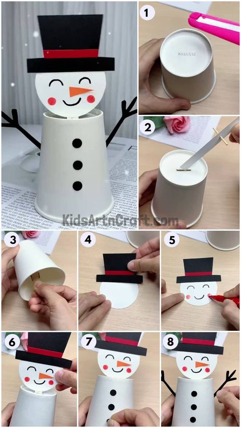 DIY Snowman Paper Cup Craft Tutorial For Kids - Kids Art & Craft Paper Cup Snowman Crafts, Snowman Cup Craft, Paper Cup Christmas Crafts, Paper Cup Snowman, Paper Cup Crafts For Kids, Snowman Diy Crafts, Cup Crafts For Kids, Snowman Crafts Preschool, Snowman Cup