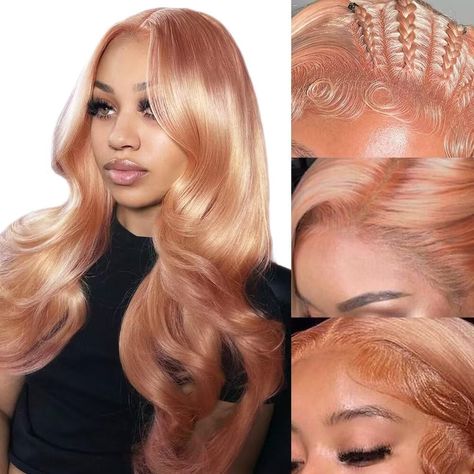 Peachy Blonde, Curly Hair Sew In, Body Wave Lace Front Wig, Pink Blonde, Pink Blonde Hair, Frontal Wig Hairstyles, Creative Hair Color, Peach Hair, Ponytail Bun