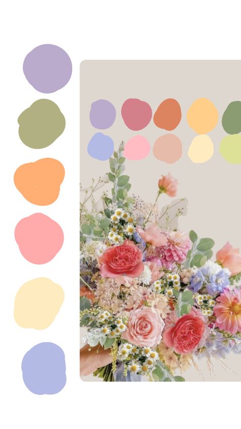 Wedding Theme Spring Colors, Whimsical Wedding Palette, Pastel Colours Wedding Theme, Garden Party Colour Palette, Wedding Summer Palette, Spring Theme Wedding Colour Palettes, Pastel Flower Party Theme, Colourful Wedding Colour Palette, Wildflowers Color Palette