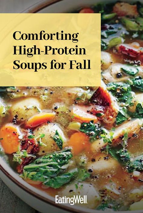 A cozy, filling and nutritious bowl of seasonal ingredients is waiting for you in this collection of delicious, high-protein soup recipes. Try our Slow-Cooker Bean, Kale & Barley Soup and Spicy Coconut, Chicken & Mushroom Soup for a cozy, filling and nutritious bowl of autumn for dinner.  #soups#chili#stews#souprecipes#healthysoup#healthyrecipes#comfortfood Fall Broth Soups, Barley Chicken Soup, Non Creamy Soup Recipes, Get Better Soup Recipes, Meals For Colds, High Protein High Fiber Soup, Hearty Soup Recipes Healthy, Cozy Fall Soup, Whole Food Soup Recipes