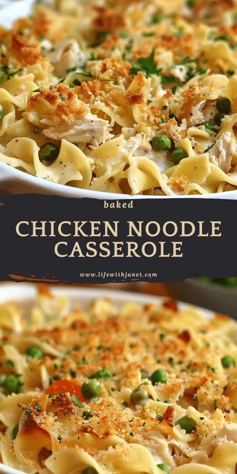 Make this awesome baked chicken noodle casserole with items in your pantry already Quick Easy Casseroles Dinner, Quick And Easy Chicken Casserole Recipes, Baked Chicken Noodle Casserole, Quick And Easy Casserole Recipes, Easy Chicken Noodle Casserole, Crockpot Chicken Casserole, Easy Weeknight Casseroles, Cheesy Chicken Noodle Casserole, Quick And Easy Comfort Food