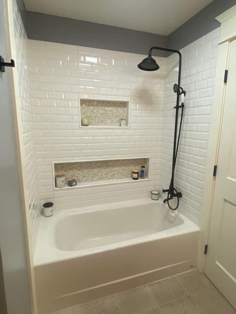 Bathroom Ideas With Tub Shower Combo, Guest Bathroom Tub Shower Combo, Tub Shower Combo Tile Ideas, Bathroom Remodel Tub Shower Combo, Bathroom Remodel With Tub Shower Combo, Small Bathroom Remodel With Tub Shower Combo, Tile Shower Tub Combo, Tub With Shower Combo, Small Bathtub Shower Combo