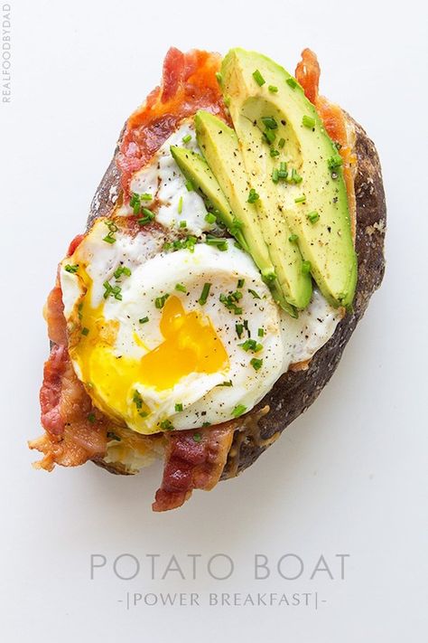 Potato Boat, Breakfast Baked Potatoes, Breakfast Potato, Whole30 Breakfast Recipes, Paleo Breakfasts, Potato Boats, Whole30 Breakfast, Egg Avocado, Power Breakfast