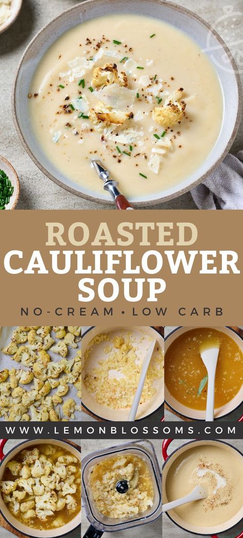 This easy Roasted Cauliflower Soup recipe uses basic ingredients and delivers a rich, velvety smooth and delicious soup. vegan, vegetarian, dairy-free, gluten-free, low-carb. #lemonblossoms Vegan Creamy Cauliflower Soup, Vegan Keto Dinner Recipes, Healthy Soup Dairy Free, Roasted Cauliflower Soup Dairy Free, Roasted Cauliflower Soup Vegan, Roasted Cauliflower Soup Healthy, Healthy Cauliflower Soup Recipes, Low Carb Dairy Free Soup Recipes, Keto Soup Recipes Dairy Free