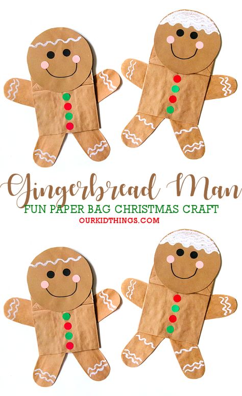 Gingerbread Paper Bag Craft, Christmas Paperbag Craft, Gingerbread Man Project Kindergarten, Paper Bag Crafts For Kids Christmas, Secret Santa Classroom For Kids, Ginger Bread Preschool Craft, Boxing Day Crafts For Kids, Paper Bag Winter Crafts For Kids, Gingerbread Men Art Projects For Kids