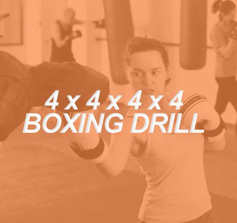 The 4 x 4 x 4 x 4 Drill is a boxing workout class that incorporates challenging cardio along with core integration with boxing technique. Boxing Class Ideas, Boxing Bootcamp Workout, Boxercise Class Ideas, Boxing Circuit Workout, Rock Steady Boxing Exercises, Boxing Drills Workouts, Boxing Conditioning Workouts, Kickboxing Workout With Bag, Heavy Bag Workout Routine