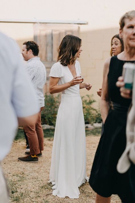 Casual Italian Wedding Dress, Casual Chic Wedding Dress, Simple Wedding Dress For Backyard Wedding, Short Sleeve V Neck Wedding Dress, Simple Textured Wedding Dress, Small Backyard Wedding Dress, Casual Backyard Wedding Dress, Simple Fall Wedding Dress Casual, Low Key Wedding Dress Casual