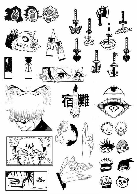 Blended Tattoos, Small Anime Tattoos Ideas Simple, Jjk Tattoos Ideas, Simple Jjk Tattoos, Red Hood Tattoo Ideas, Perfect Blue Tattoo, Tattoo Flash Art Anime, Mini Anime Tattoos, Anime Tattoo Flash