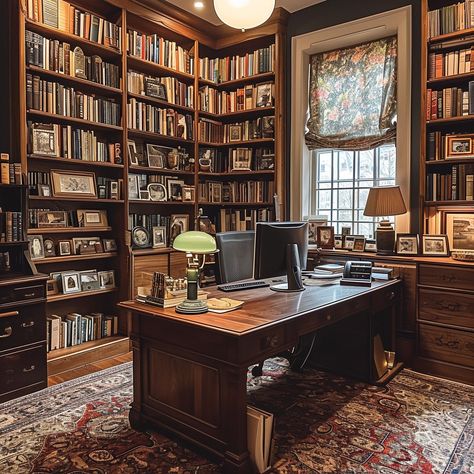 Home Library And Study Room, Bookshelf Study Room, Desks With Bookshelves, Mans Study Room, Law Library Office, Small Library And Office Room, Traditional Home Office Decor, Old World Study, Library Room With Desk