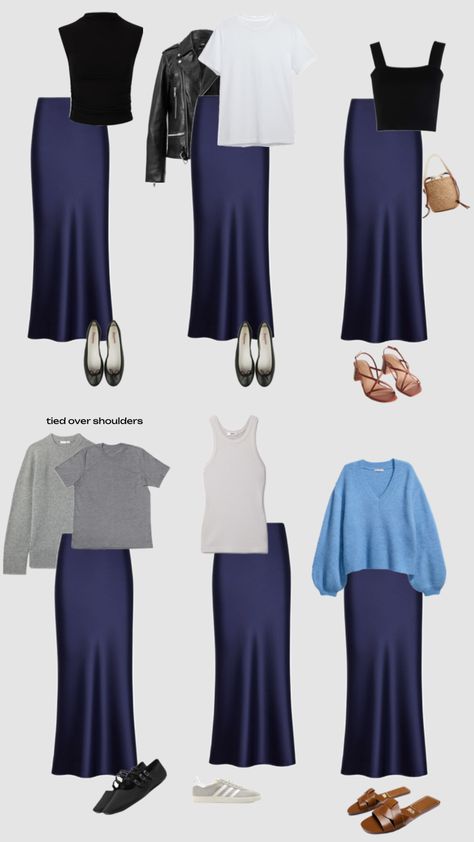 Navy satin skirt outfits Navy Satin Skirt, Blue Skirt Outfits, Satin Skirt Outfit, Simple Casual Outfits, Skirt Inspiration, Modesty Outfits, Cute Modest Outfits, Fashion Capsule Wardrobe, Winter Skirt Outfit