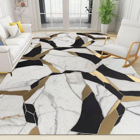 Amazon.com: White Black Gold Pattern Area Rugs, Marble Luxury Fashion Floor Carpet for Bedroom, Non Slip Washable Office Rug for Living Room Dining Room and Office 3' x 4' : Home & Kitchen Black And Gold Living Room, Living Room Glam, Gold Living Room Decor, Glam Living Room Decor, Carpet For Bedroom, Gold Living, Black And White Living Room, Glam Living, Gold Living Room