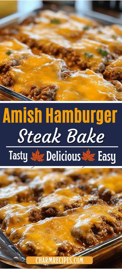 Amish Hamburger Steak Bake Winter Hamburger Recipes, Ideas For Hamburger Patties, Easy Meals With Ground Beef And Potatoes, Gravy For Hamburger Steak, Hamburger And Potatoes Recipes, Hamburger Potato Recipes, Hamburger Patty Meals, Amish Hamburger Steak Bake, Easy Meals With Hamburger Meat