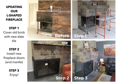 L Shape Fireplace, L Shaped Fireplace, Corner Fireplaces, Painted Brick Fireplace, Tile Steps, Gas Insert, Fireplace Update, Gas Fireplace Insert, Fireplace Doors