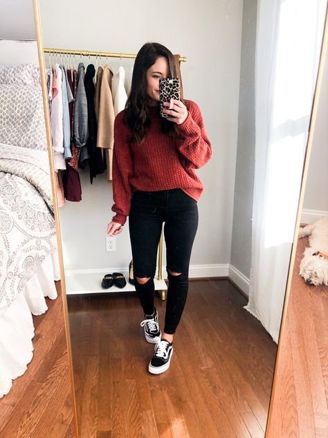 Sweater And Vans Outfit, Black Jeans And Chucks Outfit, Black Jeans Vans Outfit, Black Vans Work Outfit, Flannel And Vans Outfits, Jeans And Vans Outfit Winter, Womens Vans Outfit Fall, Dressy Vans Outfit, Vans Fashion Women