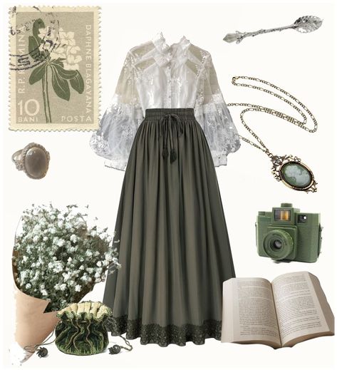 Old Money Aesthetic Green Outfit, Dark Academia Aesthetic Green Outfit, Neutral Green Outfit, Green Nature Outfit, Light Academia Green Outfits, Apothecary Aesthetic Outfit, Old English Aesthetic Clothes, Dark Green Academia Outfit, Green Academia Clothes