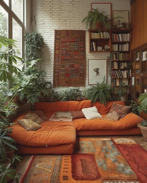 Catskills Interior Design, Living Room Cozy Couch, 70s Orange Couch, Couches Living Room Aesthetic, Art Deco Boho Living Room, Middle Eastern Decor Living Room, Mystical Home Aesthetic, Living Room With Lots Of Plants, Textiles Interior Design