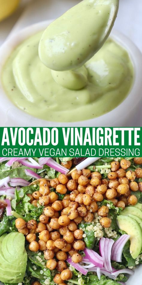 It's easy to blend up the best, most creamy Avocado Vinaigrette dressing in just 5 minutes! Toss it with your favorite salad, or use it as a dip for veggies. This salad dressing is versatile, vegan, gluten free and perfect for those on a keto diet! Deli Salads, Avocado Vinaigrette, Dip For Veggies, Avocado Dressing Recipe, Creamy Avocado Dressing, Avocado Salad Dressing, Salad Dressing Recipes Healthy, Vegan Salad Dressing, Healthy Sauces