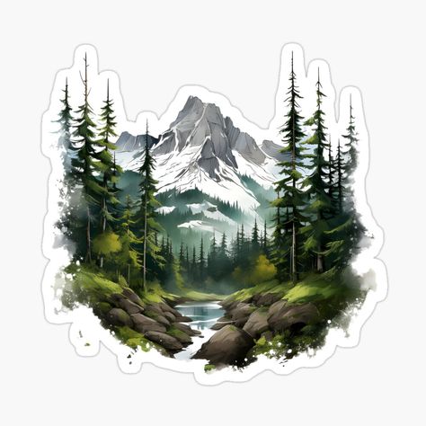 Get my art printed on awesome products. Support me at Redbubble #RBandME: https://www.redbubble.com/i/sticker/Watercolor-Forest-Scene-by-KSimpson838/153846427.JCQM3?asc=u Nature Stickers Printable, Wildlife Stickers, Forest Stickers, Landscape Stickers, Mountain Stickers, Waterfall Drawing, Disney Big Hero 6, Pink Scrapbook, Watercolor Forest