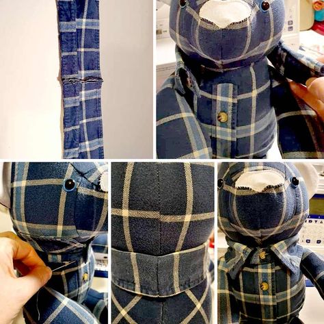 How to add a Shirt Collar to a Memory Bear! Tips and pics | Funky Friends Factory Denim Bear Pattern Old Jeans, Memory Keepsake Ideas, Bear Shirt Pattern, Bear Patterns Free Sewing, Memorial Crafts, Recycling Denim, Memory Items, Memory Ideas, Teddy Bear Patterns Free