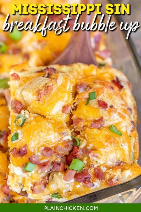 Mississippi Sin Breakfast Bubble Up recipe – quick and easy ham and cheese biscuit breakfast casserole! Great for baby showers, overnight guests, and holiday mornings. Only takes a few minutes to make and is ready to eat in about 35 minutes. Ham, cheddar cheese, green onions, biscuits, cream cheese, sour cream, Worcestershire sauce, hot sauce, and garlic powder. We LOVE this quick and easy casserole for breakfast, lunch, and dinner! Breakfast Bubble Bake, Breakfast Bubble Up Bake, Breakfast Bubble Up, Bubble Up Breakfast Casserole, Chicken Bubble Up Bake, Fruit Salad With Pudding, Canned Biscuit, Breakfast Casserole With Biscuits, Ham Breakfast