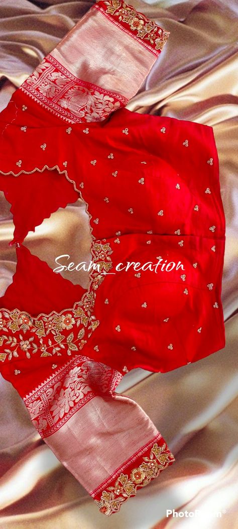 Maggam Work Blouse Designs Latest For Pattu Sarees Half Hands, New Muggum Work Blouse Design, Butta Pusala Maggam Work, House Warming Blouse Designs, Red Blouse With Golden Work, Orange Colour Maggam Work Blouses, Wedding Embroidery Blouse Designs, Mutyam Work Blouse Designs, Maggam Work New Designs