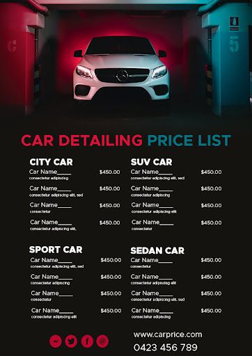 Car Detailing Price List Template, Detailing Studio Logo, Car Detailing Services, Auto Detailing Price List, Car Detailing Poster, Car Detailing Price List, Carwash Posters Ideas, Detailing Price List, Car Wash Posters Ideas