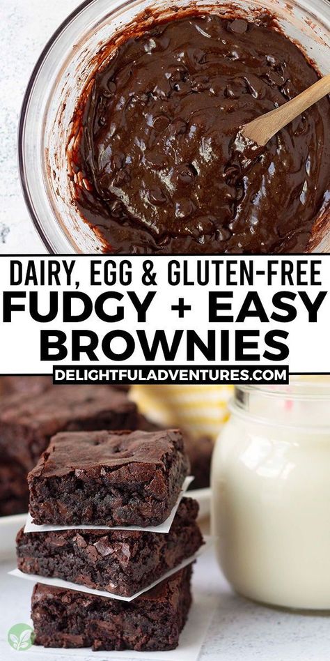 Crackly top vegan gluten-free brownies that are chewy, fudgy, gooey, and super chocolaty! Not only is this simple homemade recipe easy to make, it’s also the best because you can use the add-ins you like, such as chocolate chips, nuts, or seeds. This recipe is eggless, dairy-free, and gf, plus, it contains options for different flours (like oat flour) and even an oil-free version. Gluten Free Dairy Free Vegan Desserts, Dairy And Egg Free Snacks, Healthy Vegan And Gluten Free Recipes, Gf Egg Free Desserts, Dairy Free Gluten Free Egg Free Desserts, Gluten Free Low Dairy Recipes, Gluten Dairy Egg Free Recipes Desserts, Simple Gluten Free Desserts 4 Ingredients, Dairy Gluten And Egg Free Recipes