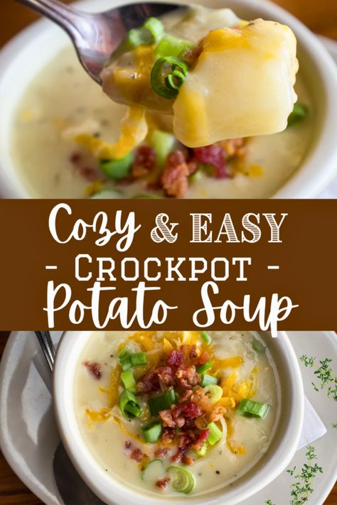 Crockpot potato soup is a cozy and simple winter dinner! Simple ingredients and step by step instructions for a delicious soup that everyone loves. #potatosouprecipe Yukon Gold Potato Soup Crock Pot, California Dreaming Potato Soup, Crockpot Potato Soup Healthy, Crockpot Gluten Free Potato Soup, Crockpot Potato Soup No Cream Cheese, Potato Soup With Half And Half, Potato Soup With Cream Of Chicken, Cheap Potato Soup, Potato Soup Without Cream Cheese