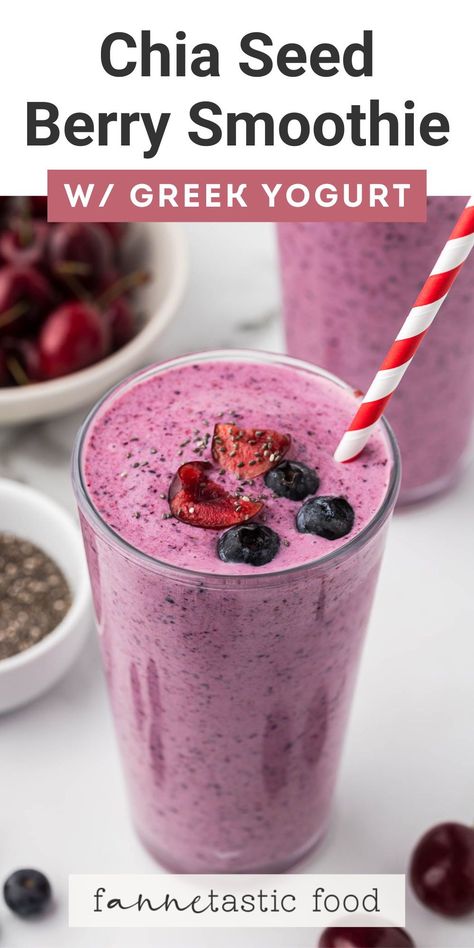 This creamy chia seed smoothie recipe with berries and Greek yogurt makes a delicious healthy breakfast recipe or satisfying snack! You can enjoy this berry yogurt smoothie any time of year - fresh fruit or frozen fruit both work! Chia Smoothie Recipes Healthy, Chia Seed Shake Recipes, Vanilla Yogurt Smoothie Recipes, Chia Seed Greek Yogurt Recipe, Strawberry Chia Smoothie, Simple Berry Smoothie, Yoghurt And Berries, Healthy Mixed Berry Smoothie, Fruit And Yogurt Smoothies