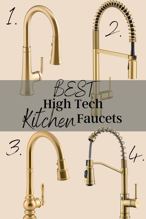 Farmhouse Kitchen Faucet Ideas, Brushed Brass Kitchen Faucet, Kitchen Faucet Ideas, Brass Kitchen Faucets, Kitchen Faucet Styles, Tech Kitchen, High Tech Kitchen, Brass Kitchen Hardware, Touch Kitchen Faucet