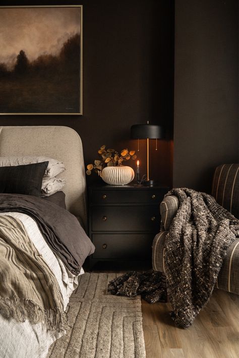 Kinnan Bed curated on LTK Autumn Bedroom Decor Cozy, Dark Bedroom Walls, Autumn Bedroom Decor, Dark Brown Bedrooms, Bedroom Decor Cozy, Brown Bedroom, Black Bedroom, Bohemian Bedroom Decor, Bedroom Refresh