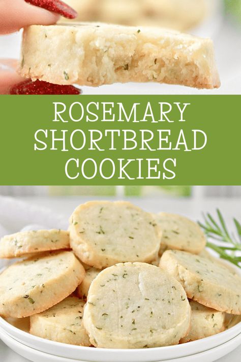 Rosemary Cookies ~ Deliciously buttery shortbread cookies studded with fresh rosemary. Easy to make perfect as a savory treat with hot tea! Lemon Rosemary Shortbread Bars, Rosemary Honey Shortbread, Shortbread Cookies In A Pan, Salted Rosemary Shortbread Cookies, Lemon Thyme Rosemary Cupcakes, Rosemary Butter Cookies, Rosemary Cranberry Shortbread Cookies, Desserts With Rosemary, Lemon Rosemary Shortbread