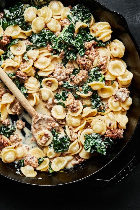 A sumptuous, quick, and creamy kale and sausage pasta recipe made with orecchiette for all of your weeknight needs. Lemon Pasta With Sausage, Creamy Chicken Sausage And Kale Cavatappi, Sausage Pea Pasta, Spicy Sausage Orecchiette, Costco Sausage Pasta Recipe, Oriecchete Recipes, Creamy Italian Sausage Pasta Recipes, Sausage Orchetta Pasta, Sausage Kale Pasta Recipes