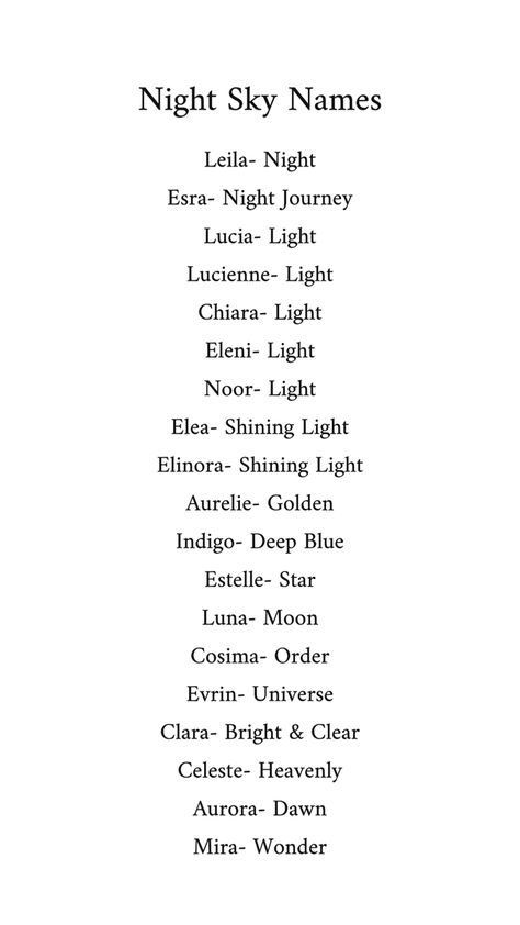 Night sky names for girls Nicknames Related To Moon, Light Names Ideas, Unique Women Names, Last Names Meaning Moon, Names Related To The Moon, Names That Means Star, Moon Related Username, Luna Username Ideas, Unique Nicknames With Meaning