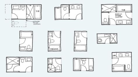 Common Bathroom Floor Plans: Rules of Thumb for Layout – Board & Vellum Small Ensuite Layout, Ensuite Layout, Bathroom Floorplan, Small Bathroom Floor Plans, Small Bathroom Plans, Master Bath Layout, Bathroom Layout Ideas, Bathroom Layout Plans, Small Ensuite