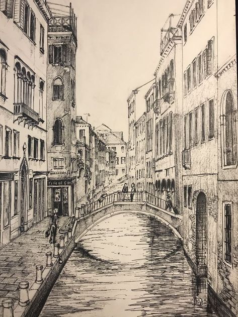 Italy Architecture Drawing, City Drawing Sketches, City Perspective Drawing, Venice Drawing, Perspective Sketches, Bathroom Objects, Italy Drawing, Italy Sketches, Kitchen Objects