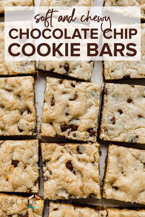 Chewy chocolate chip cookie bars are baked in a pan and create a deliciously soft and buttery chocolate chip cookie that requires no extra dough rolling work. Just spread the dough and bake! Best Chocolate Chip Cookie Bars, Chewy Chocolate Chip Cookie Bars, Buttery Chocolate Chip Cookies, Chocolate Chip Cookie Bar Recipe, Cookie Dough Bars, Pan Cookies, Chocolate Chip Bars, Herbs Garden, Dessert Bar Recipe