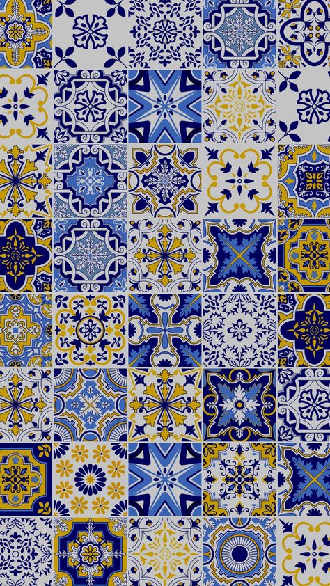 Dark Blue and Yellow Azulejo Phone Wallpaper Watercolor Tiles Pattern - Templates by Canva