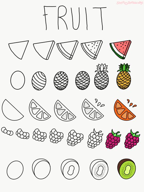 Fruit, doodles, how to, how to draw fruit, doodles, doodling, orange, watermelon, raspberry, pineapple, kiwi Fruit Drawing Tutorial, Fruit Art Easy, Doodling Ideas For Beginners, Drawing Ideas Easy Food, Easy Doodles For Journal, Doodle How To Draw, Fruit Drawings Easy, Drawing Orange, Cute Fruit Drawings Easy