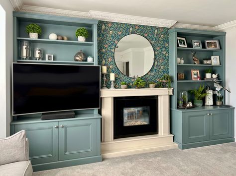 De Nimes Blue Alcove Cabinets in Classic Style - Traditional - Living Room - Other - by Freebird Interiors | Houzz UK Wallpapered Alcoves Living Room, Fitted Alcoves Living Room, Alcove Cabinets Living Room, De Nimes Living Room, Alcoves In Living Room, Tv In Alcove, Chimney Alcove Ideas, Alcove Living Room, Fireplace Alcove Ideas