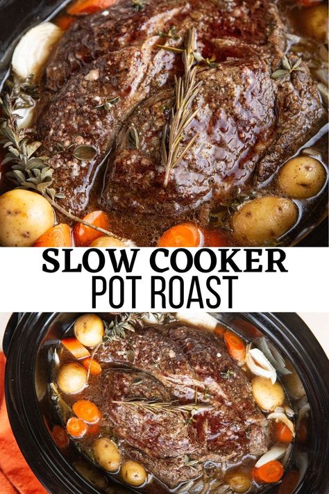 This Slow Cooker Pot Roast recipe is the easiest one pot meal and is an instant win for family dinner! Easy to prepare for weeknight meals or special occasions alike, this easy pot roast recipe is always a crowd-pleaser! #beef #crockpot #slowcooker #healthy Sweet Potato Ground Beef, Potato Ground Beef, Roast Slow Cooker, Crockpot Recipes Ground Beef, Pot Roast Crock Pot Recipes, Crockpot Recipes Chicken, Chuck Roast Recipes, Slow Cooker Roast Beef, Slow Cooker Pot Roast