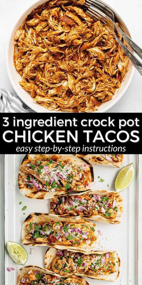 Healthy Slow Cooker Chicken Tacos | Midwest Foodie | With just 5 minutes of prep time, these 5 ingredient slow cooker chicken tacos are healthy, tasty and almost too easy to make! Toss everything in the crock pot, come back a few hours later, shred the chicken and you're ready to sit down for dinner! Crock Pot Chicken Tacos Easy, Shredded Chicken Recipes Crockpot, Crock Pot Shredded Chicken Tacos, Shredded Chicken Tacos Crockpot, Crock Pot Shredded Chicken, Crockpot Shredded Chicken Tacos, Crockpot Shredded Chicken, Shredded Chicken Crockpot, Slow Cooker Chicken Healthy