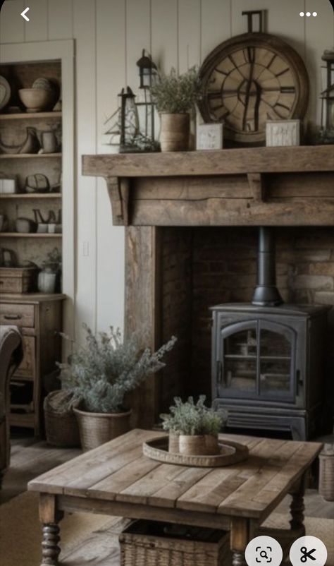 Open Hearth Fireplace, Half Stone Half Shiplap Fireplace, English Cottage Fireplace Ideas, Wood Heater Ideas Living Rooms, Rustic Cozy House, White Wood Panel Walls, Farmhouse Wood Stove, Woodstove Hearths, Cottagecore Fireplace