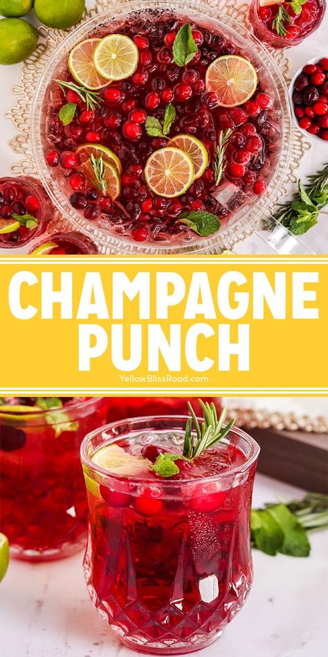 Festive Champagne Punch Punch For Christmas, Champagne Punch Recipes, Cranberry Champagne Cocktail, Fresh Cranberry Recipes, Holiday Punch Recipe, Alcoholic Punch Recipes, Christmas Champagne, Champagne Punch, Fresh Cranberry