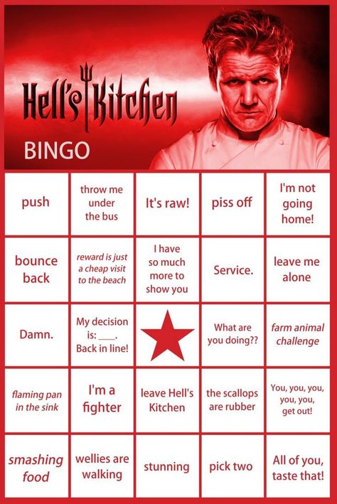 Hell's Kitchen bingo card Hells Kitchen Recipes, Kitchen Memes, Gorden Ramsey, Gordon Ramsay Funny, Bingo Party, Hell’s Kitchen, Kitchen Party, 30 Birthday, Kitchen Games