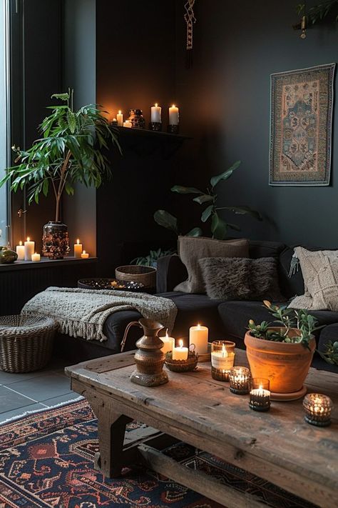 29 Dark Boho Living Room Ideas 29 Dark Earthy Living Room, Goth Living Room, Dark Maximalism, Dark Living Room Ideas, Dark Boho Living Room, Mystical Decor, Dark Palette, Moody Living Room, Boho Living Room Ideas